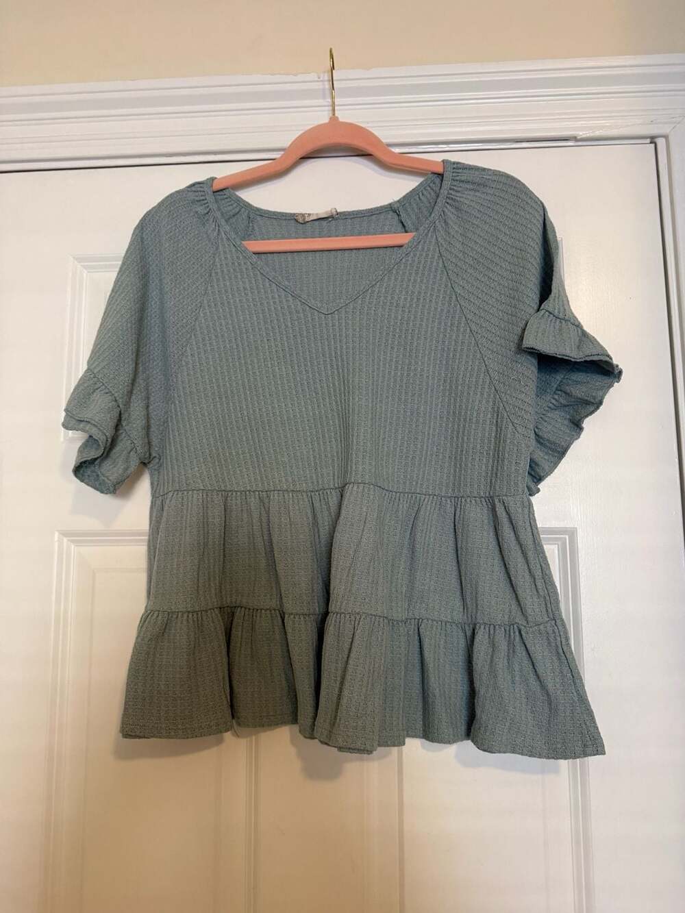 Altar'd State Waffle Knit Tiered Top Size M Sage Green Ruffle